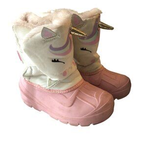 Morendl Unicorn Kids Girls Winter Boots Waterproof Faux Fur Lined Pink/White 11